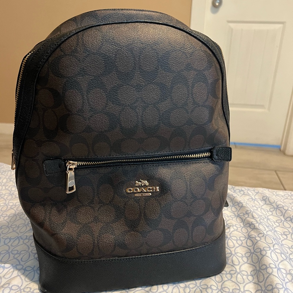 Coach Men’s Dark Brown Signature Canvas Backpack with Black Trim